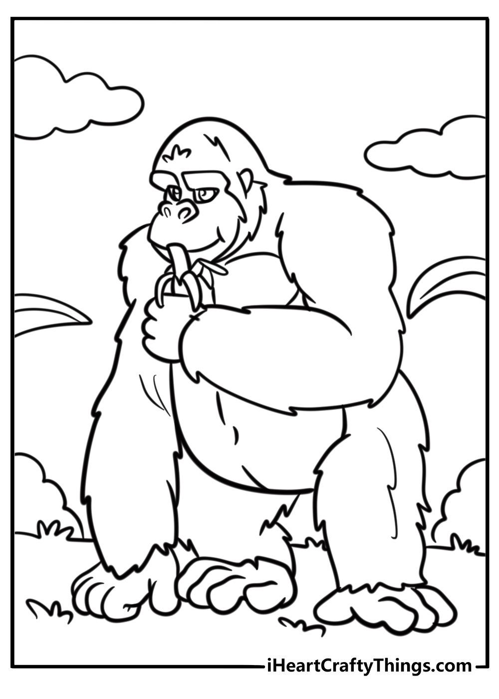 Cartoon gorilla eating fruit fun coloring sheet for kids