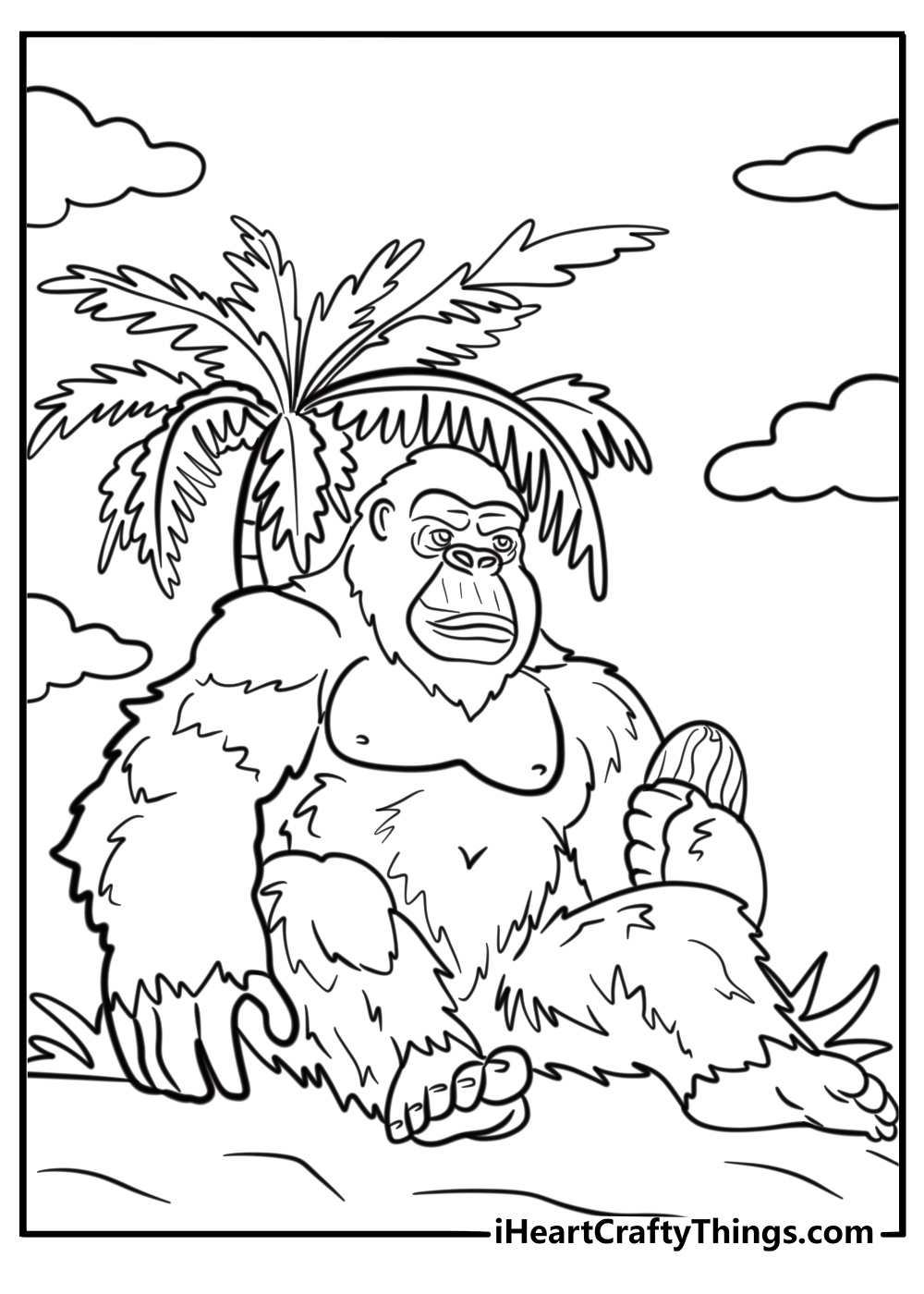 Cartoon gorilla holding a coconut fun coloring sheet