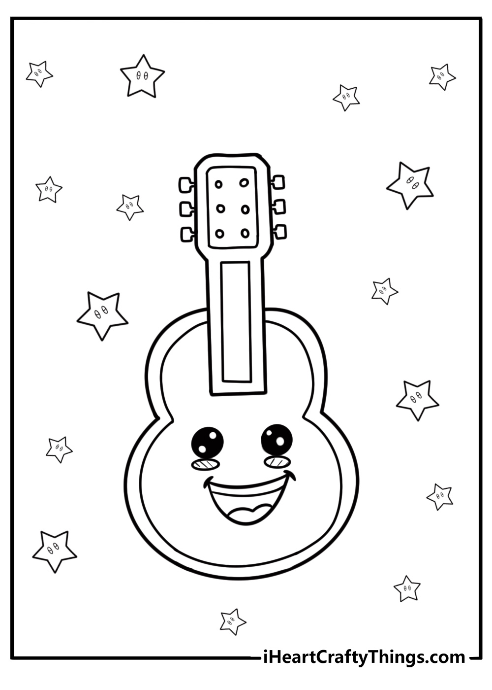 Cartoon guitar with a big smile coloring page for kids