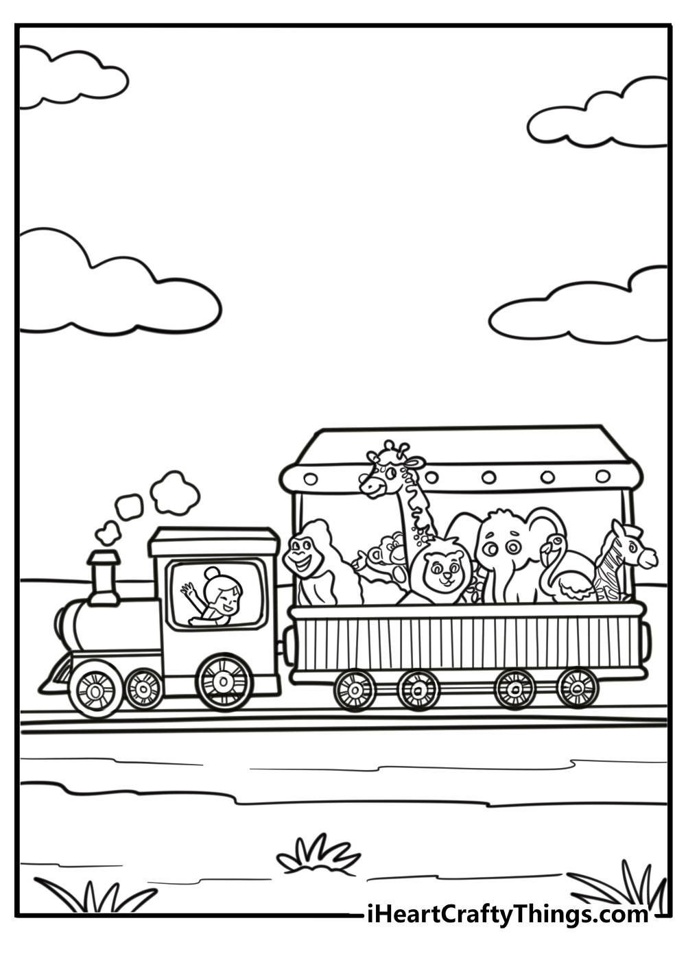 Cartoon train with animals in the cars fun coloring sheet