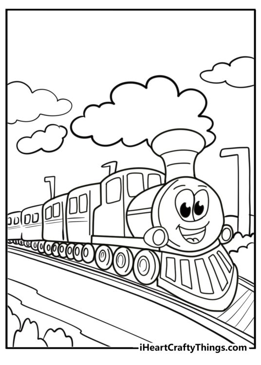 Cartoon train with smiling face fun printable coloring sheet