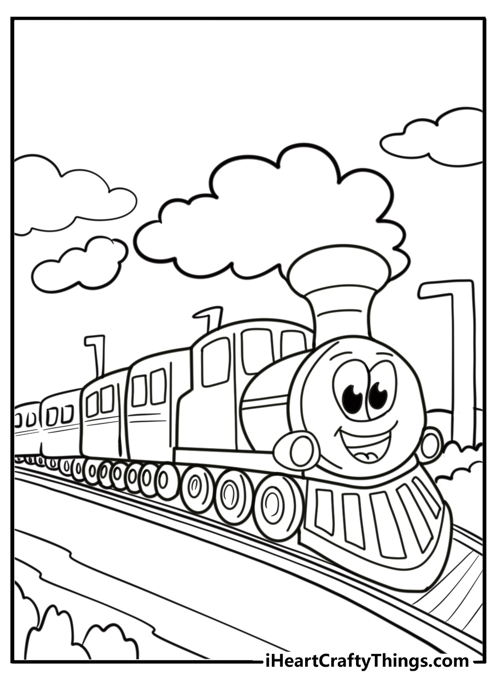 Cartoon train with smiling face fun printable coloring sheet