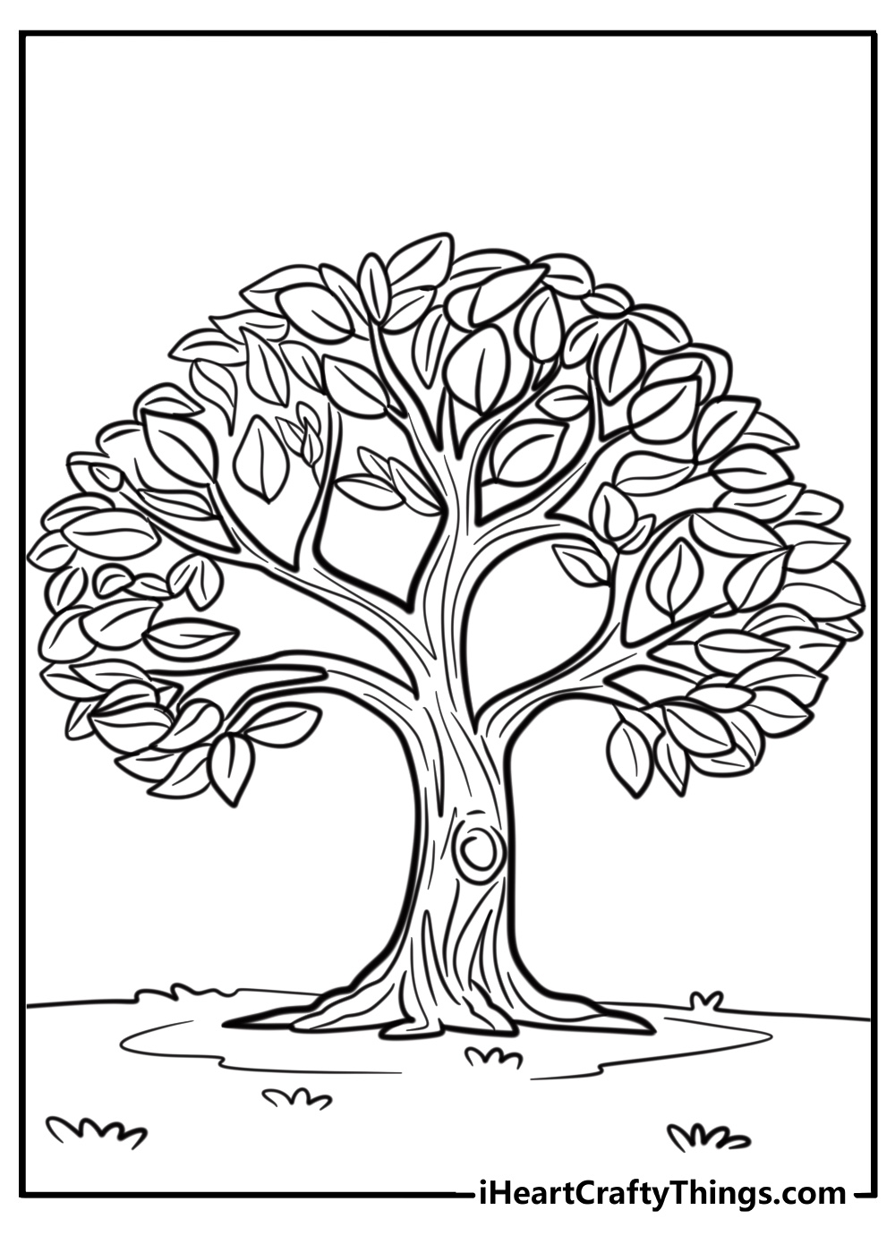 Cartoon tree with big green leaves fun coloring sheet