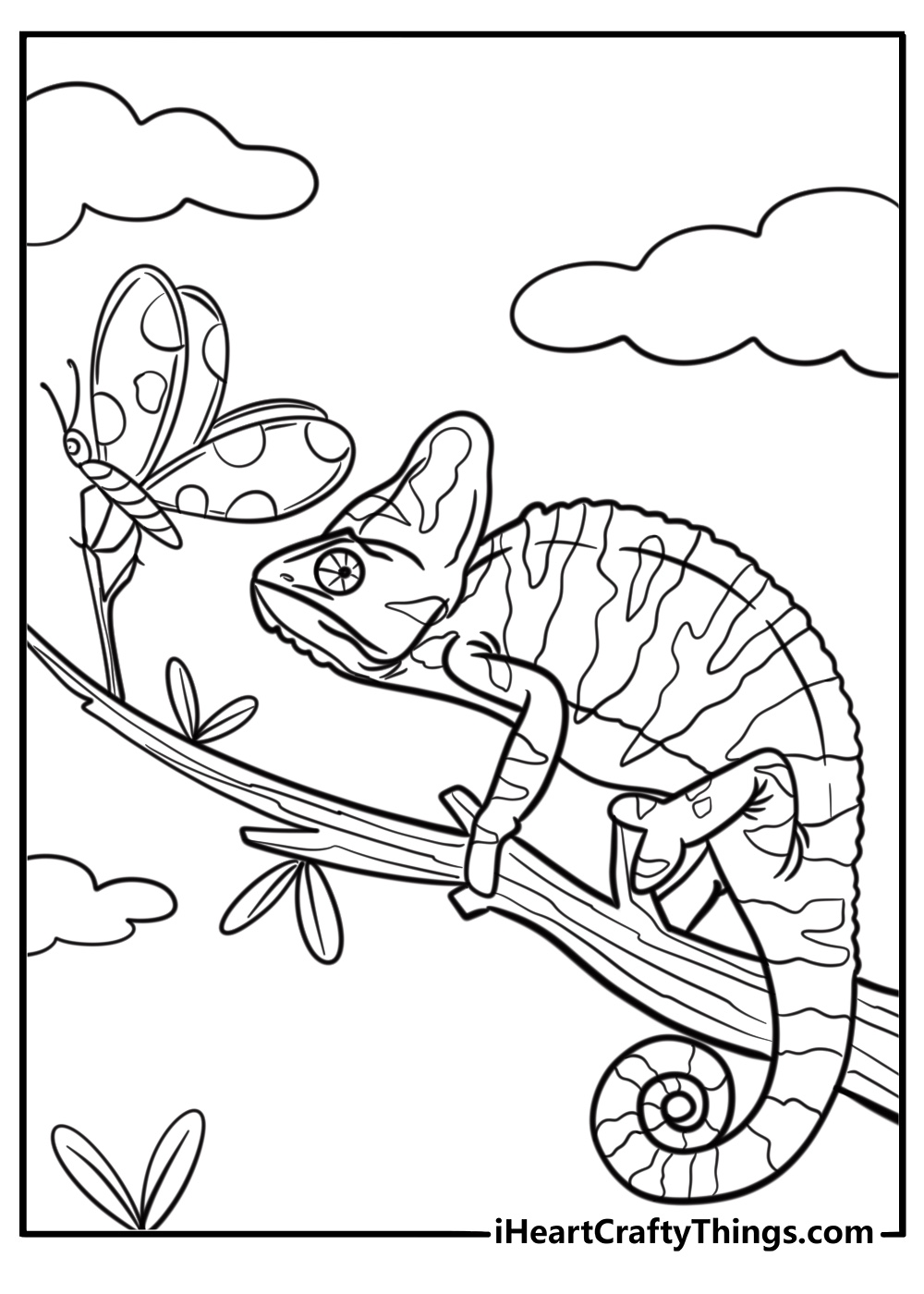 Chameleon and a butterfly on a branch detailed coloring sheet