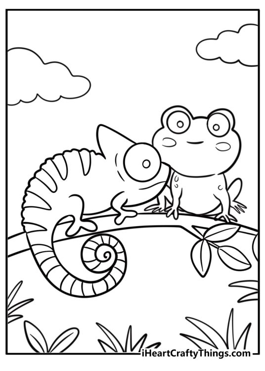Chameleon and a frog sharing a branch free printable coloring page