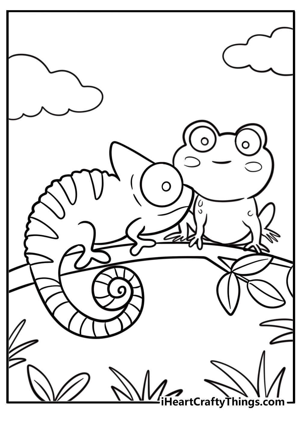 Chameleon and a frog sharing a branch free printable coloring page