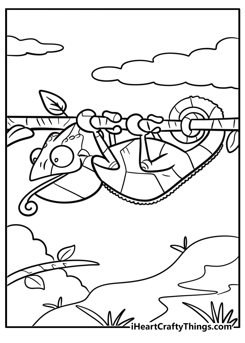 Chameleon blending into a forest background fun coloring sheet