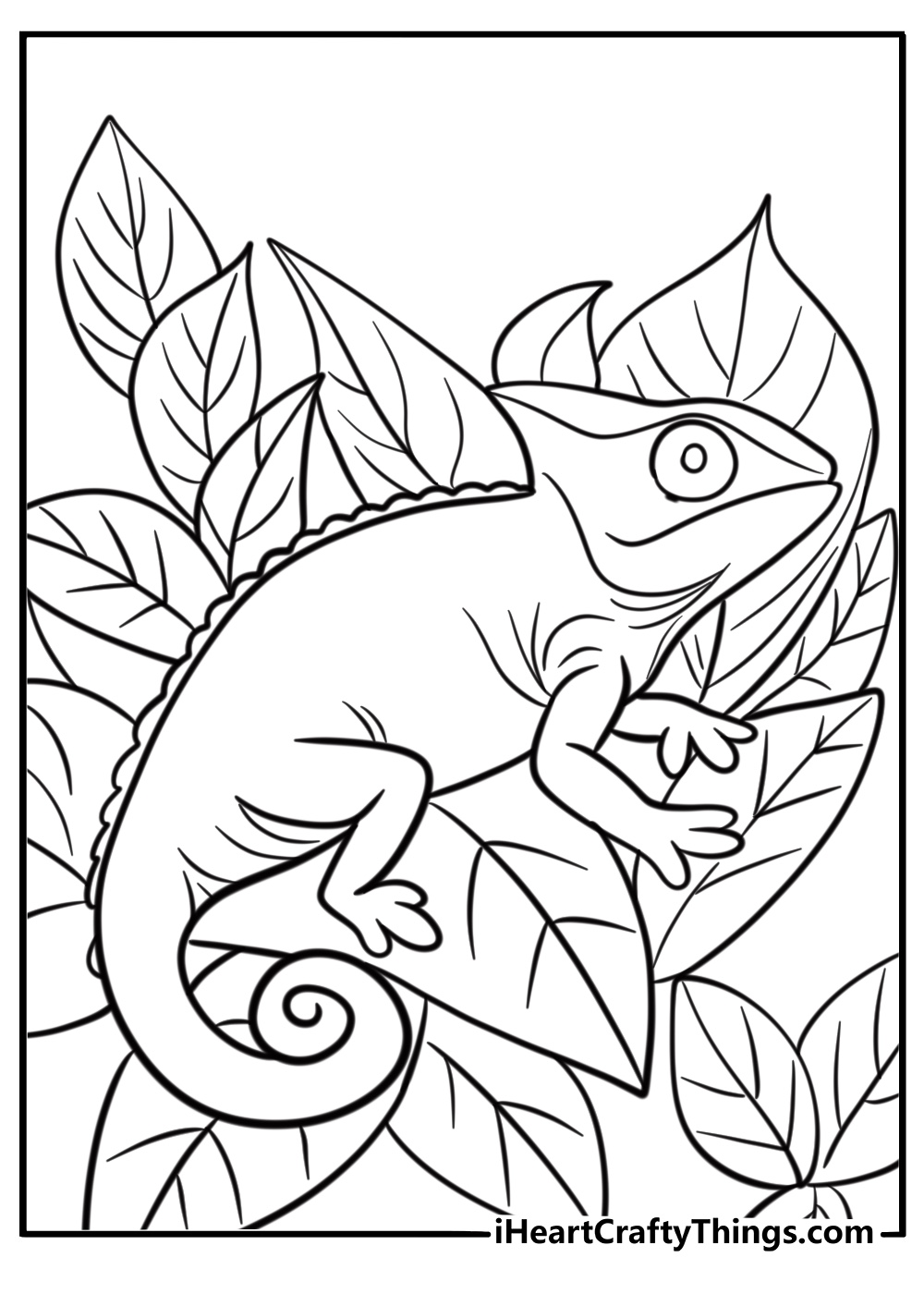 Chameleon blending into leaves coloring page for kids