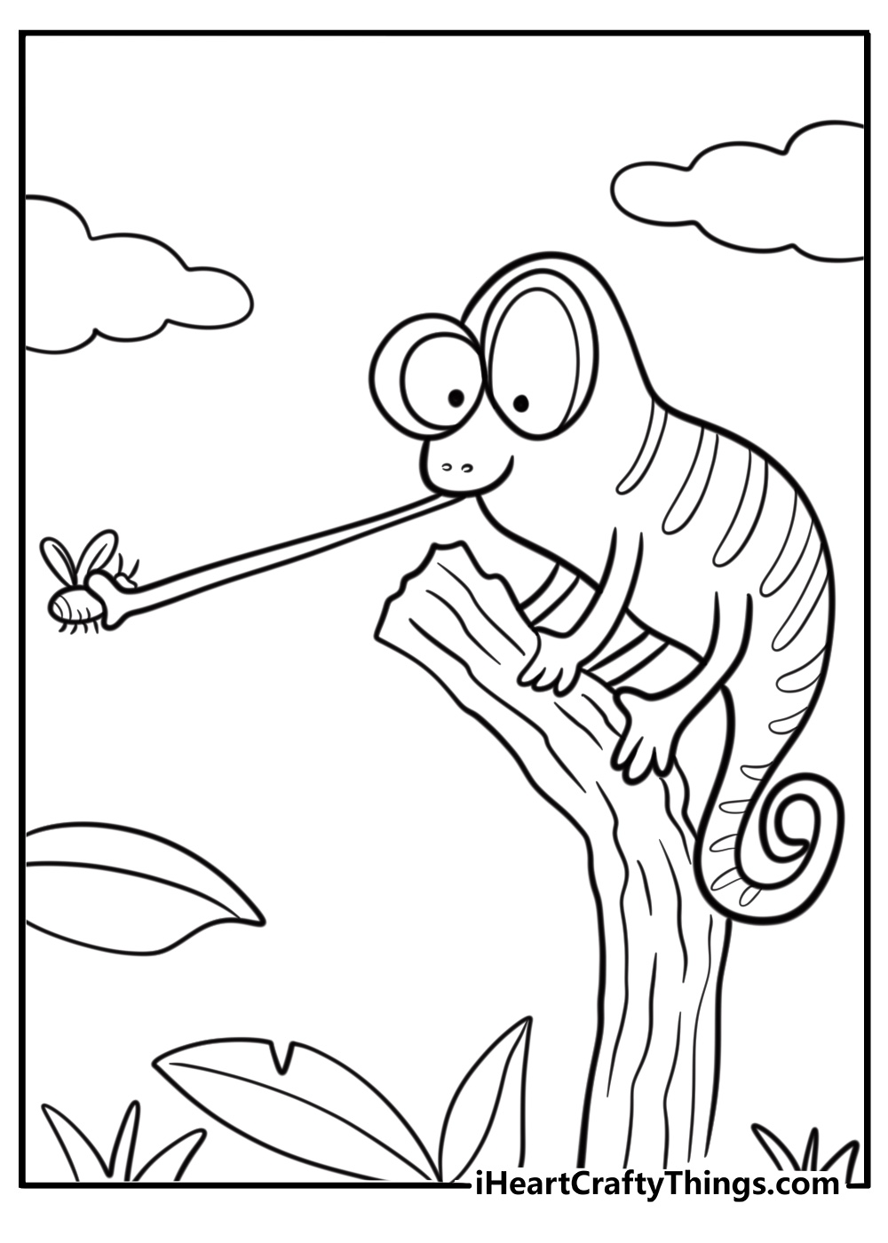 Chameleon catching a fly free printable coloring page