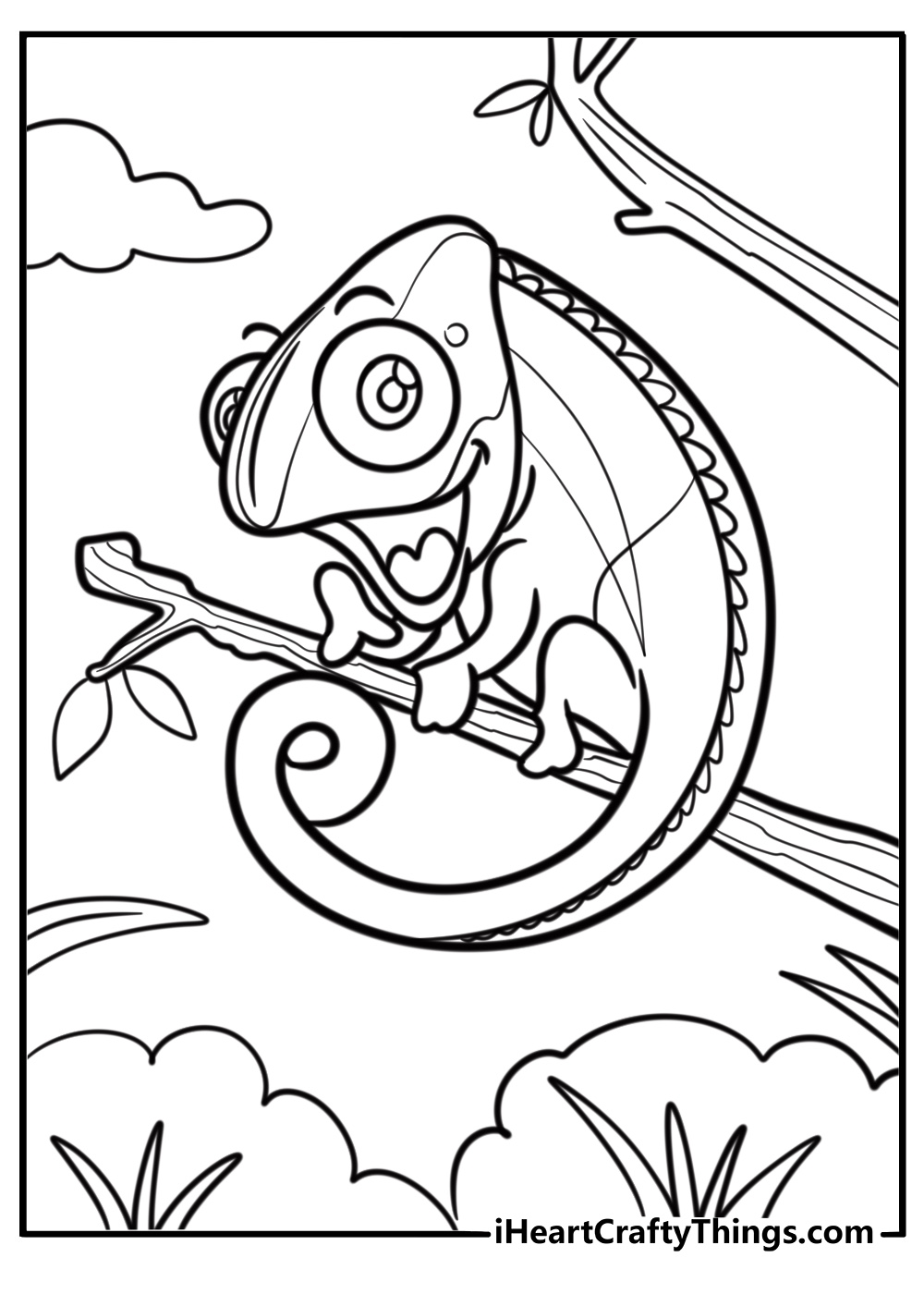 Chameleon changing colors in the jungle coloring page