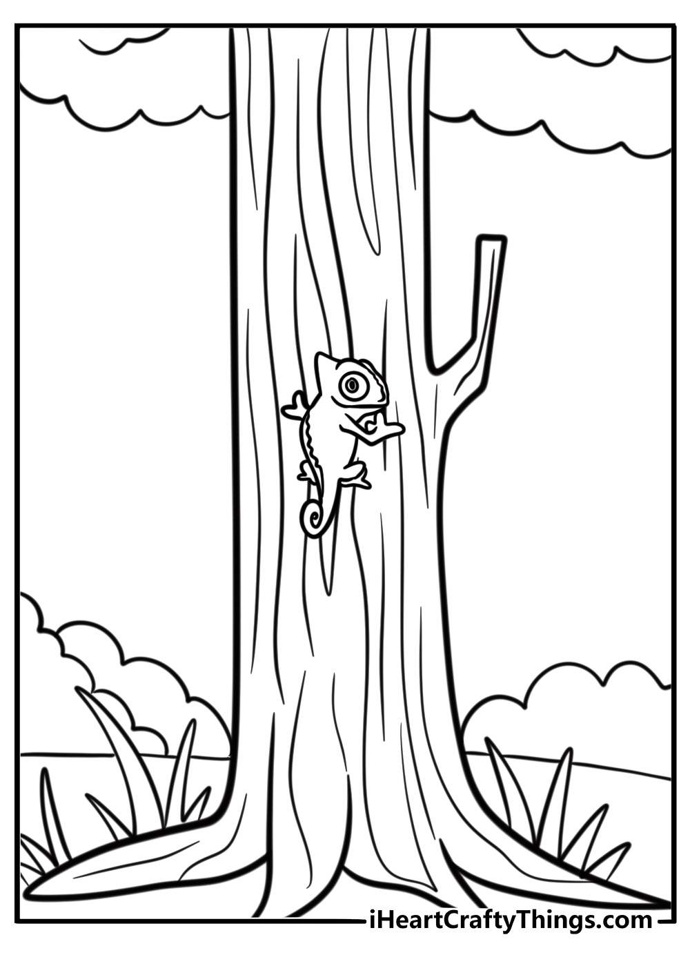 Chameleon climbing a tree trunk free printable coloring page