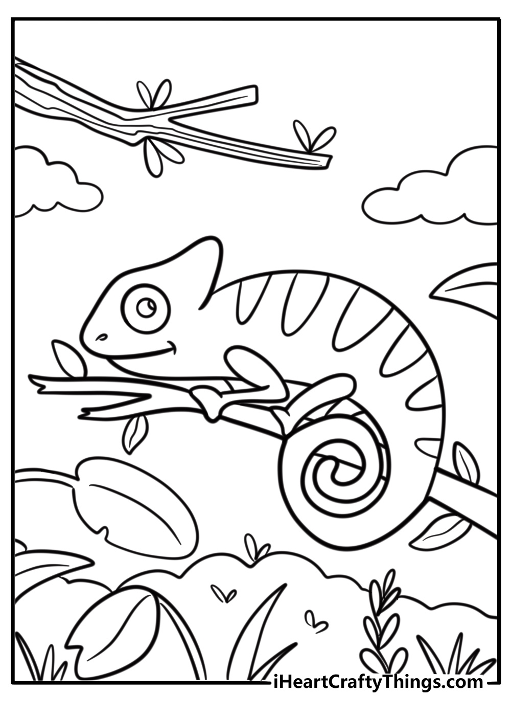 Chameleon in a tropical rainforest free coloring page pdf