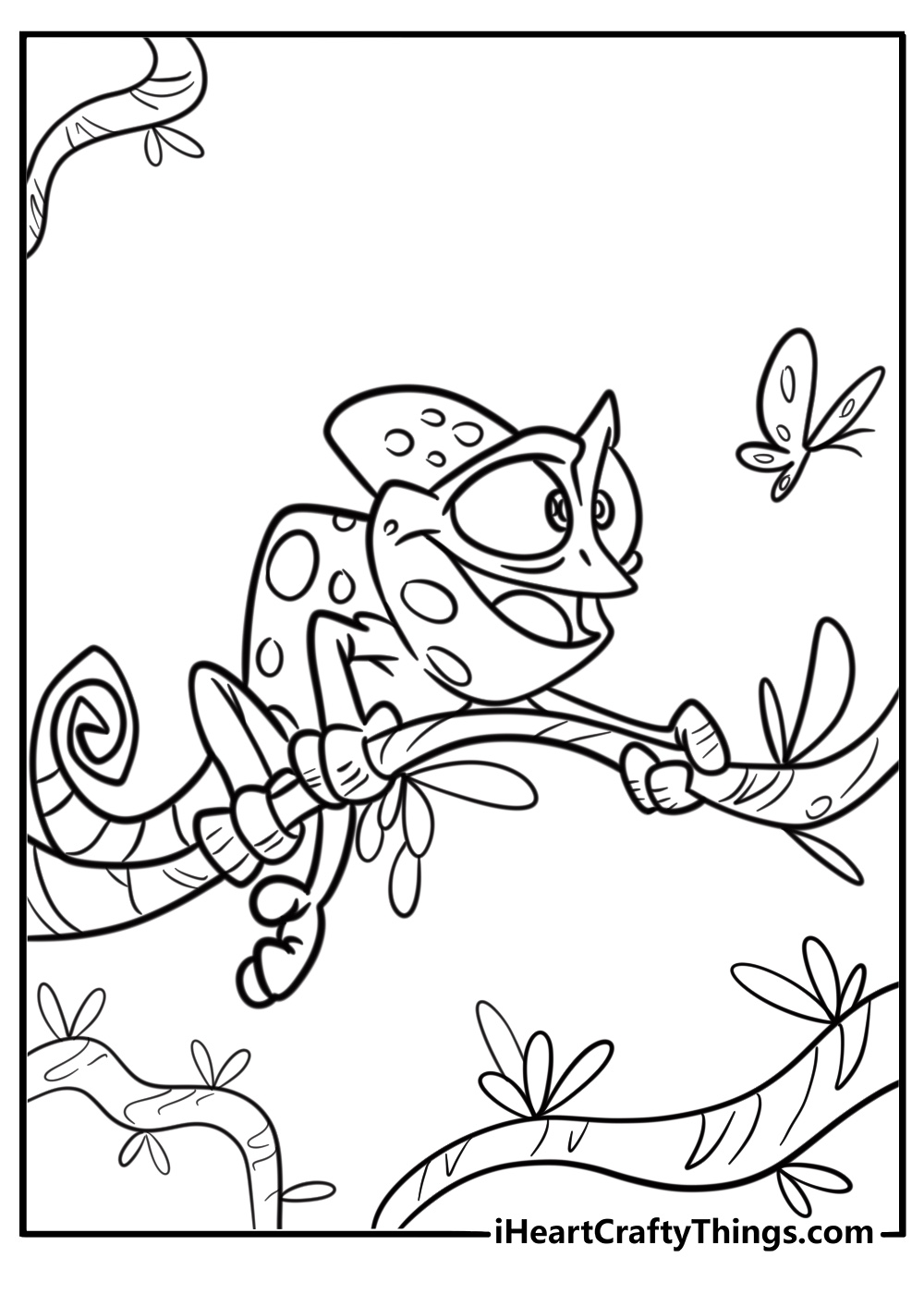 Chameleon looking at a bug on a leaf printable coloring page