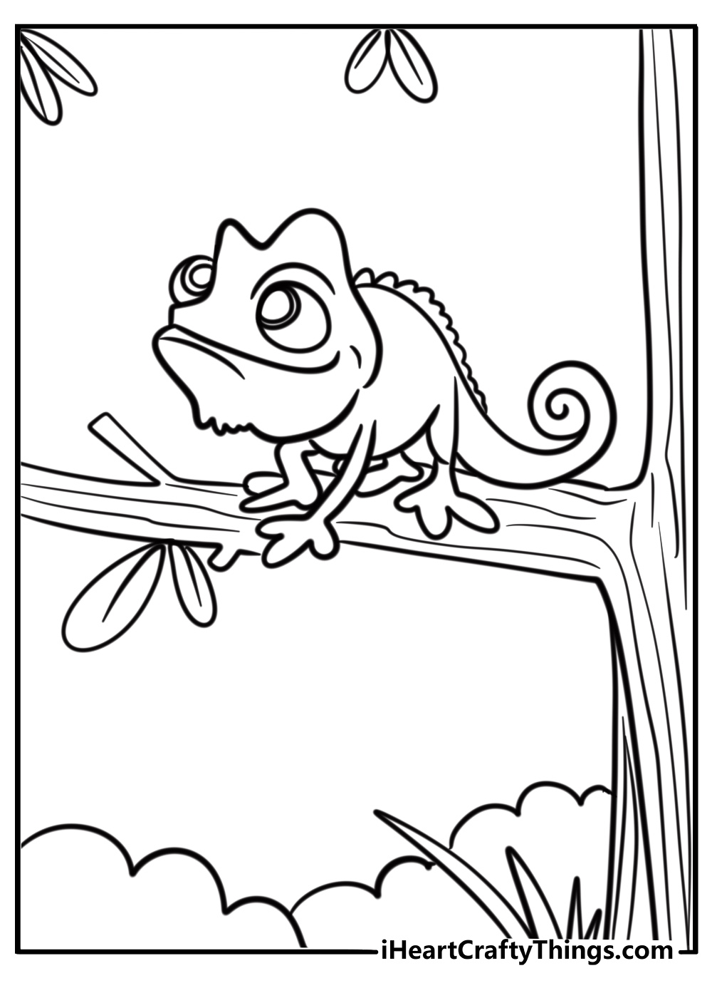 Chameleon on a tree branch coloring page for kids