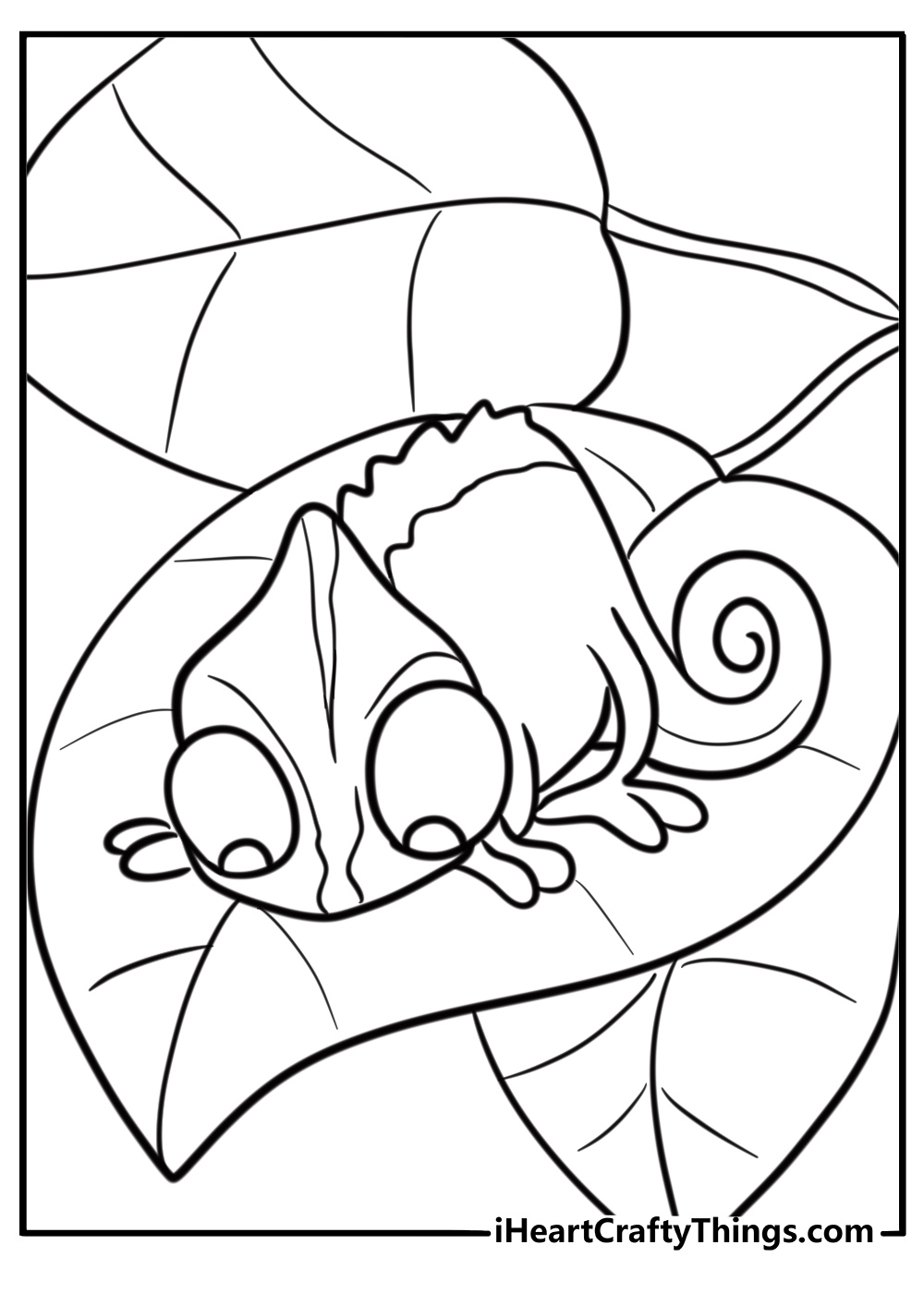 Chameleon sitting on a leaf fun printable coloring sheet