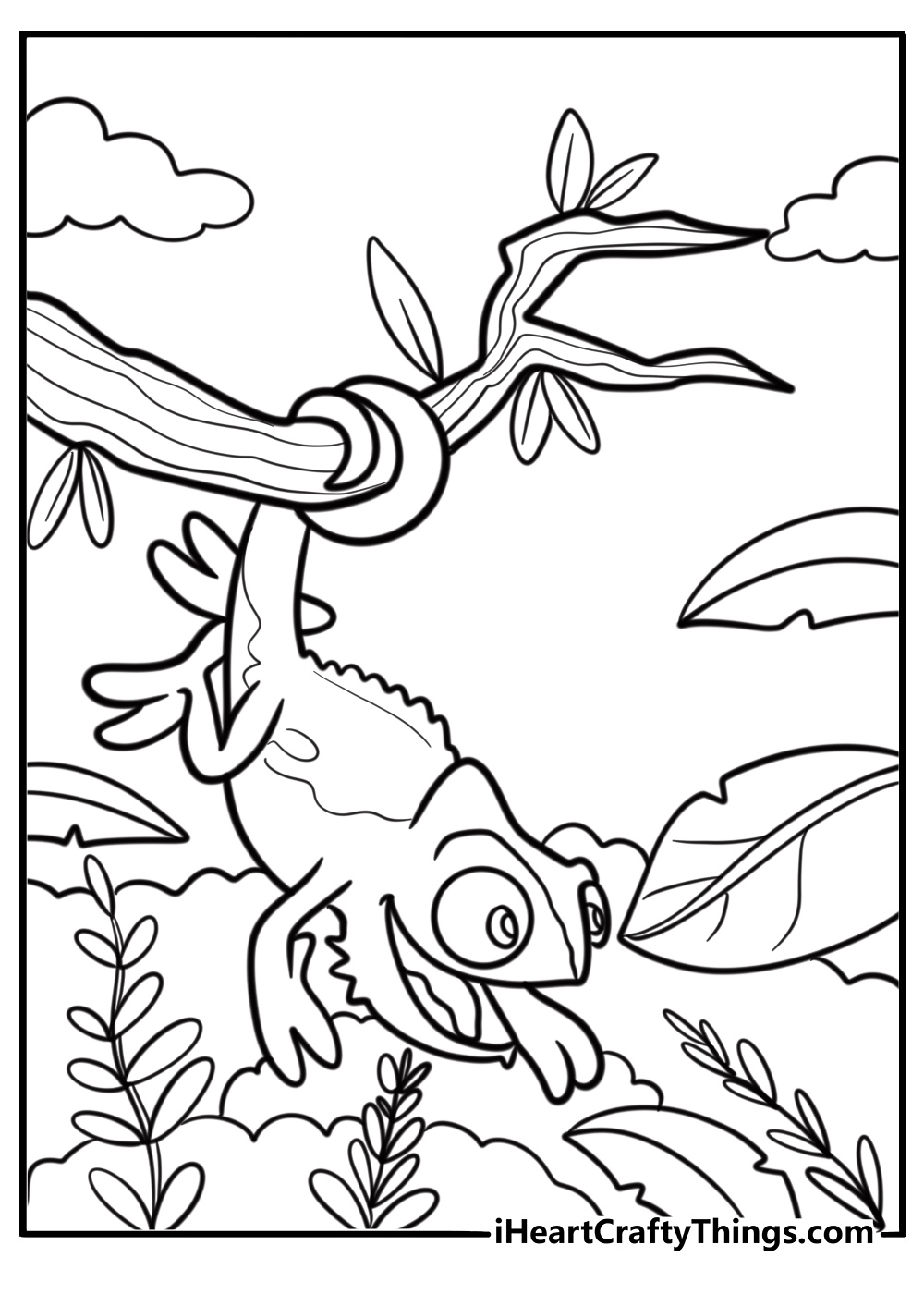 Chameleon surrounded by tropical plants detailed coloring sheet