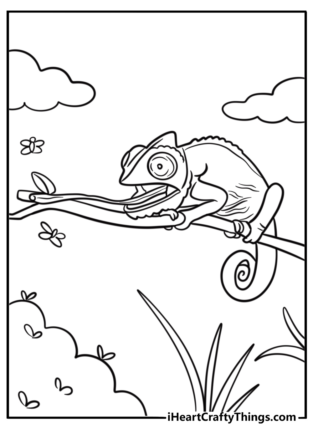 Chameleon with curled tail and big tongue coloring page