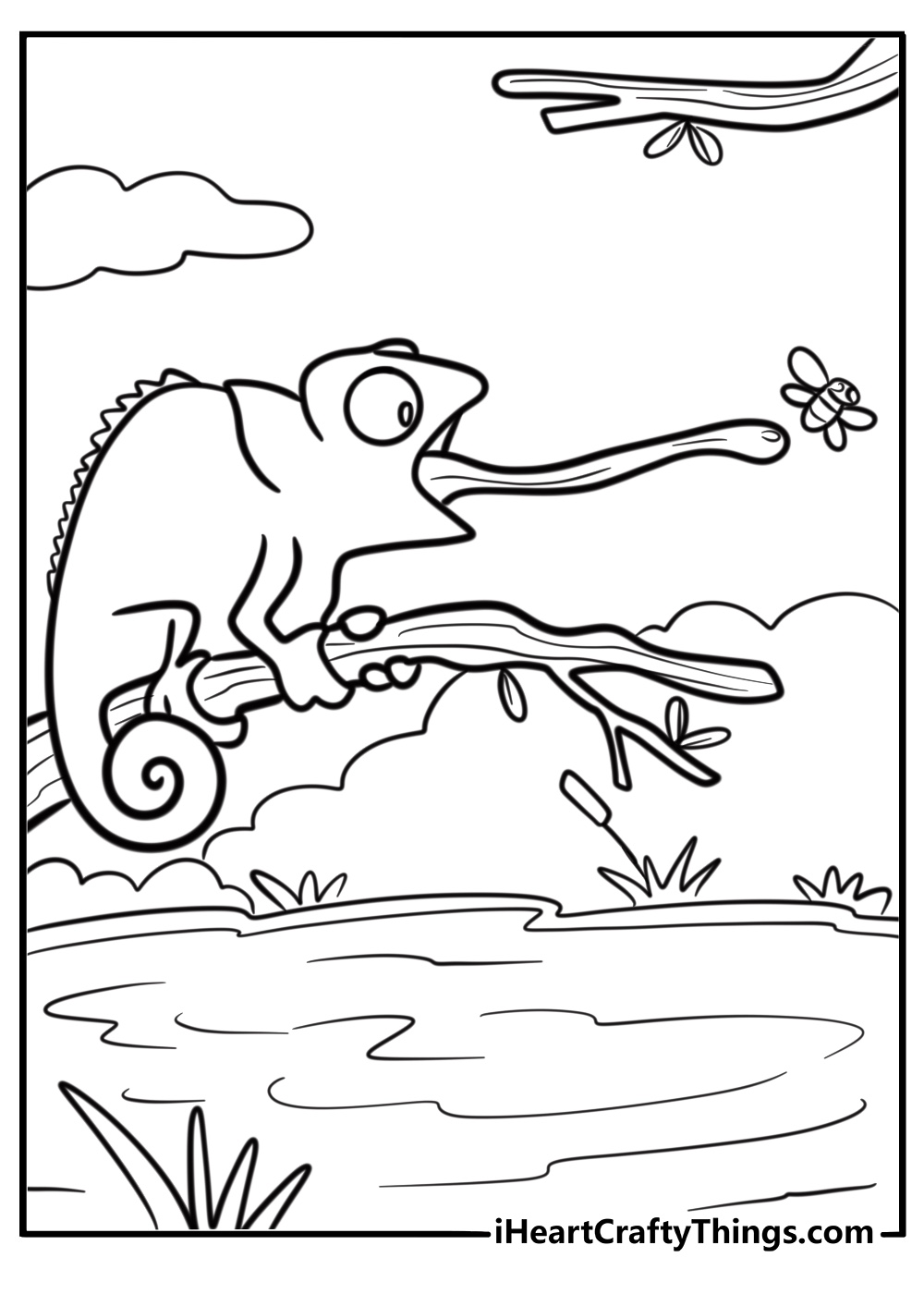 Chameleon with long tongue catching an insect free coloring page pdf