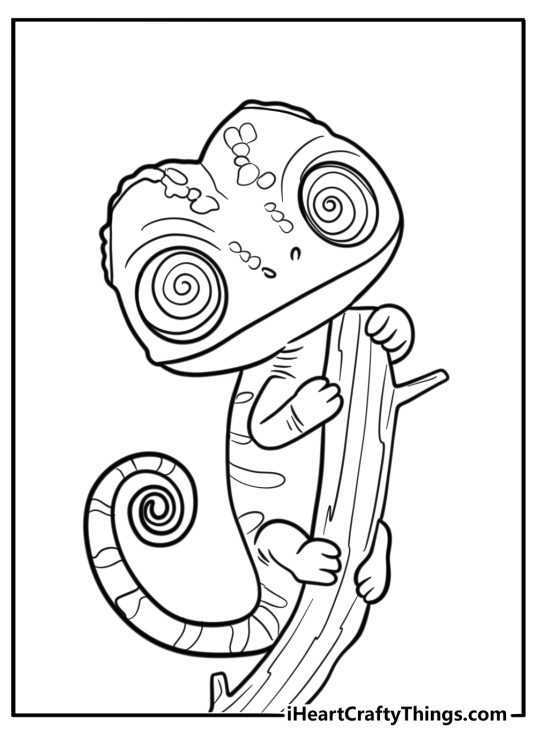 Chameleon with spiral eyes and a curled tail detailed coloring sheet