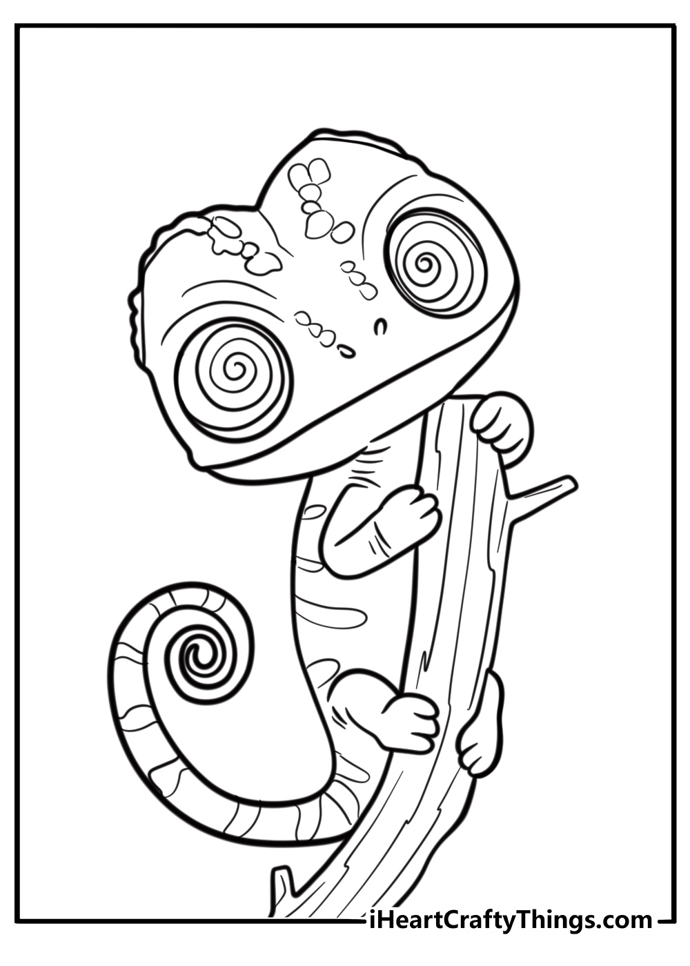 Chameleon with spiral eyes and a curled tail detailed coloring sheet