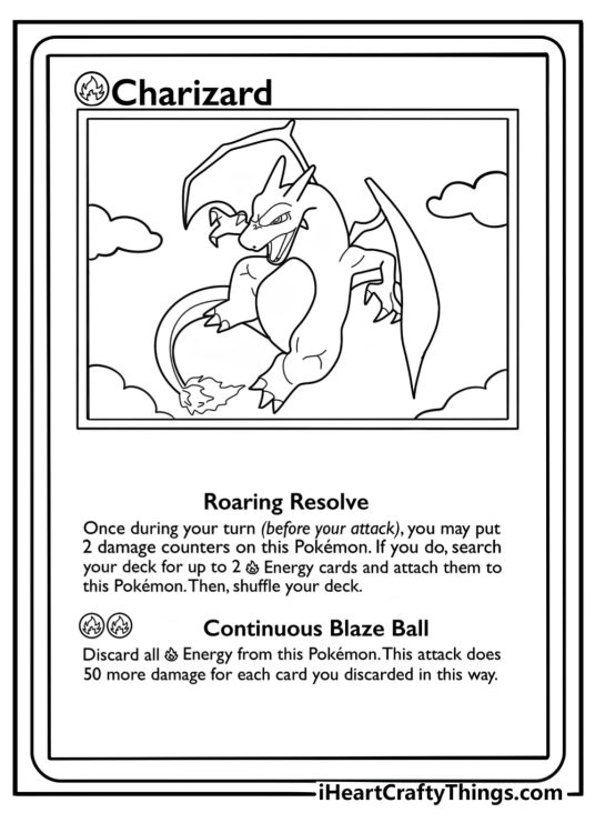 Charizard pokemon card with fire breathing pose coloring sheet