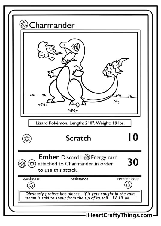 Charmander pokemon card holding a tiny flame coloring sheet