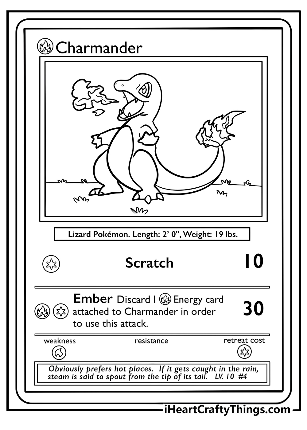 Charmander pokemon card holding a tiny flame coloring sheet