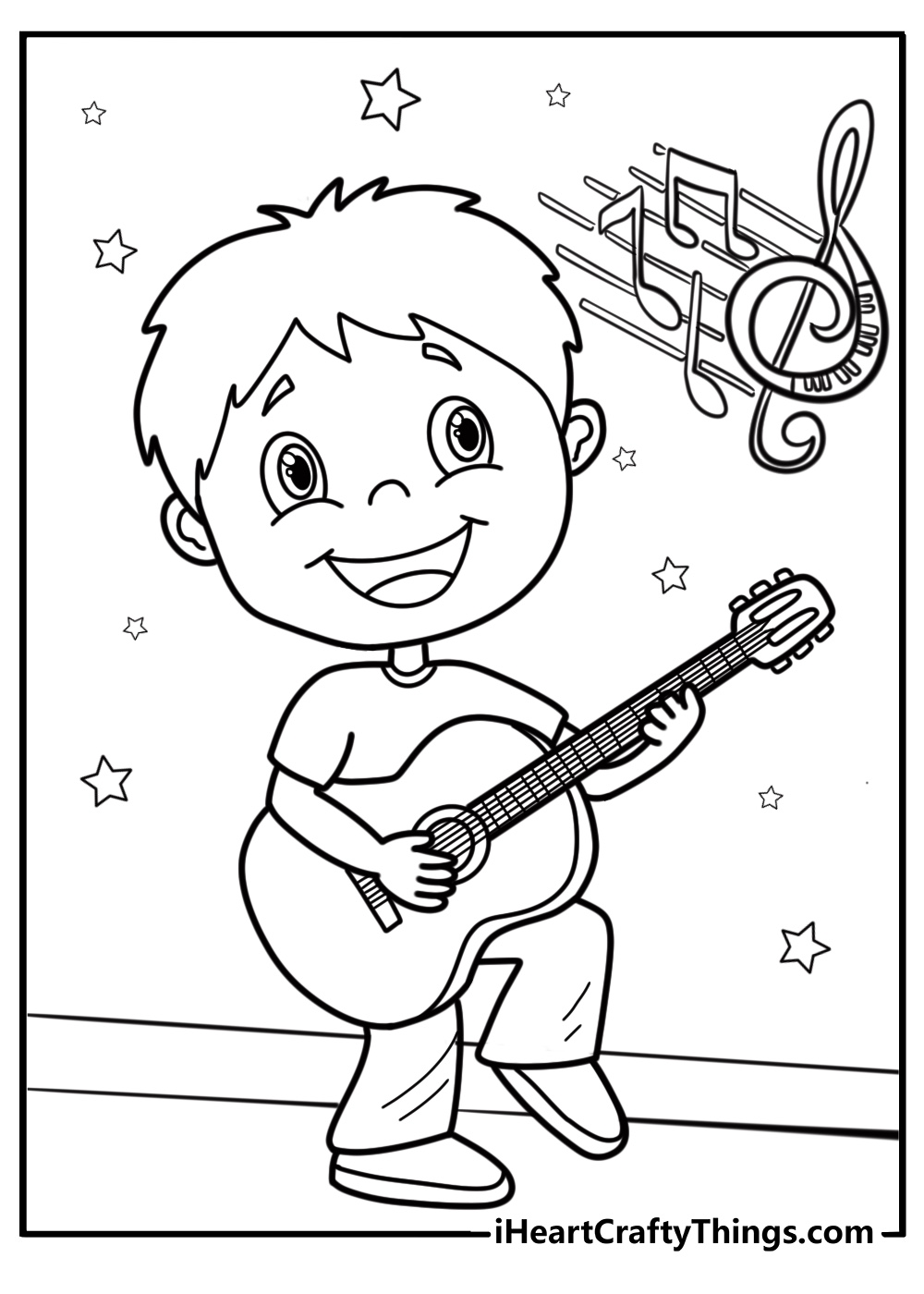 Child learning to play guitar free coloring page pdf