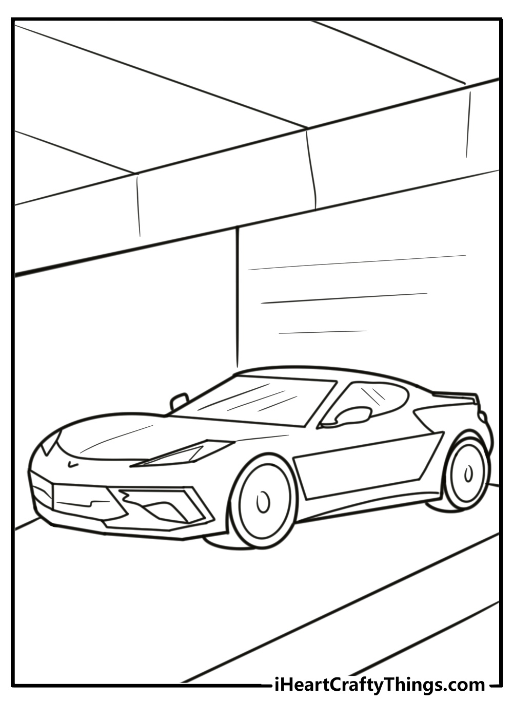 Corvette C8 driving on a scenic road coloring page