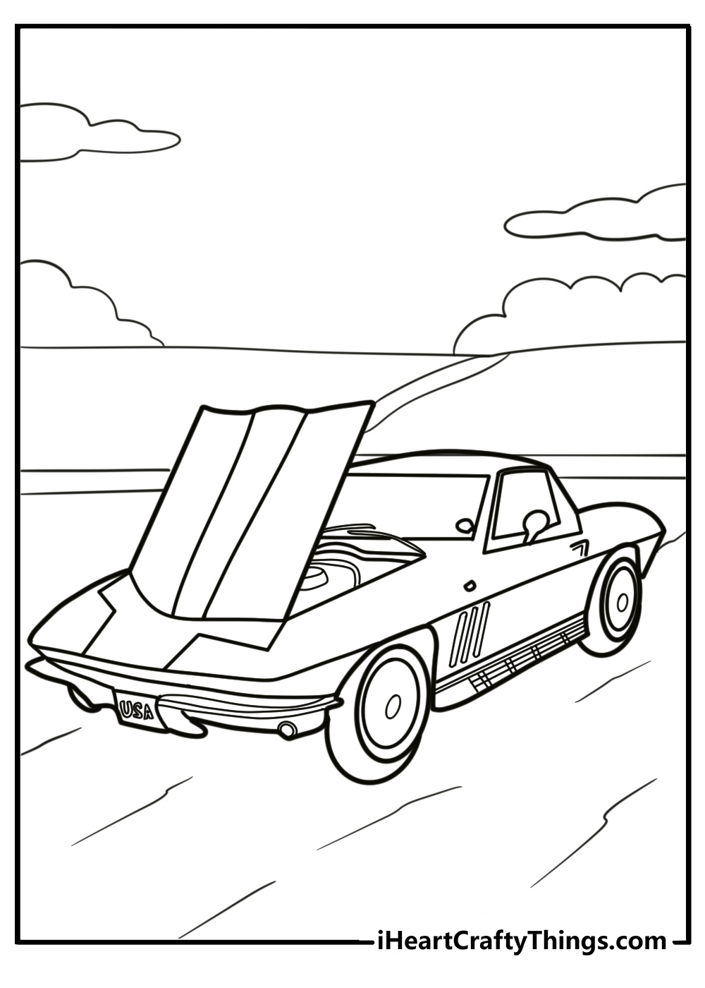 Corvette in a car show setting free coloring page pdf