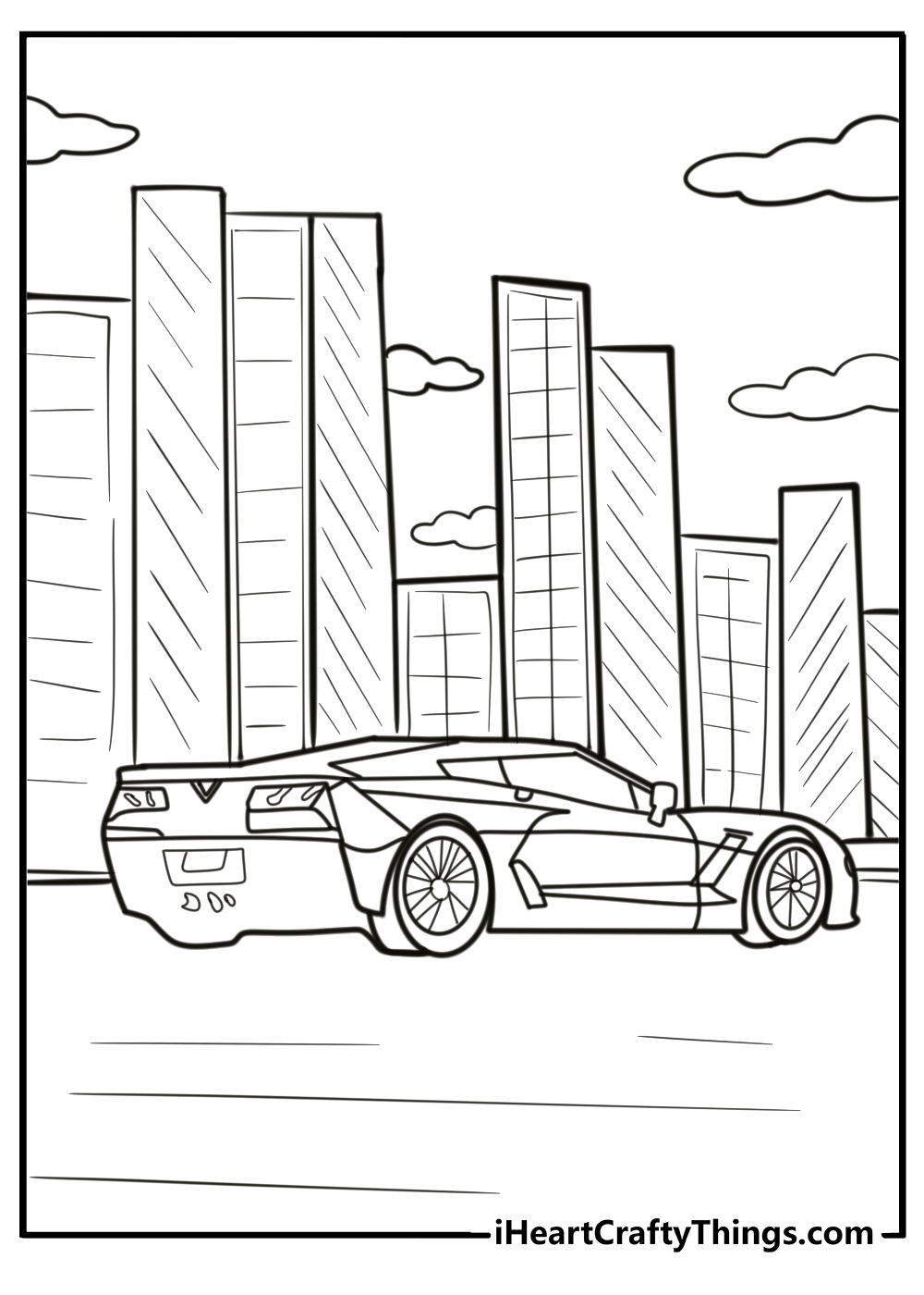 Corvette in a futuristic cityscape detailed coloring sheet