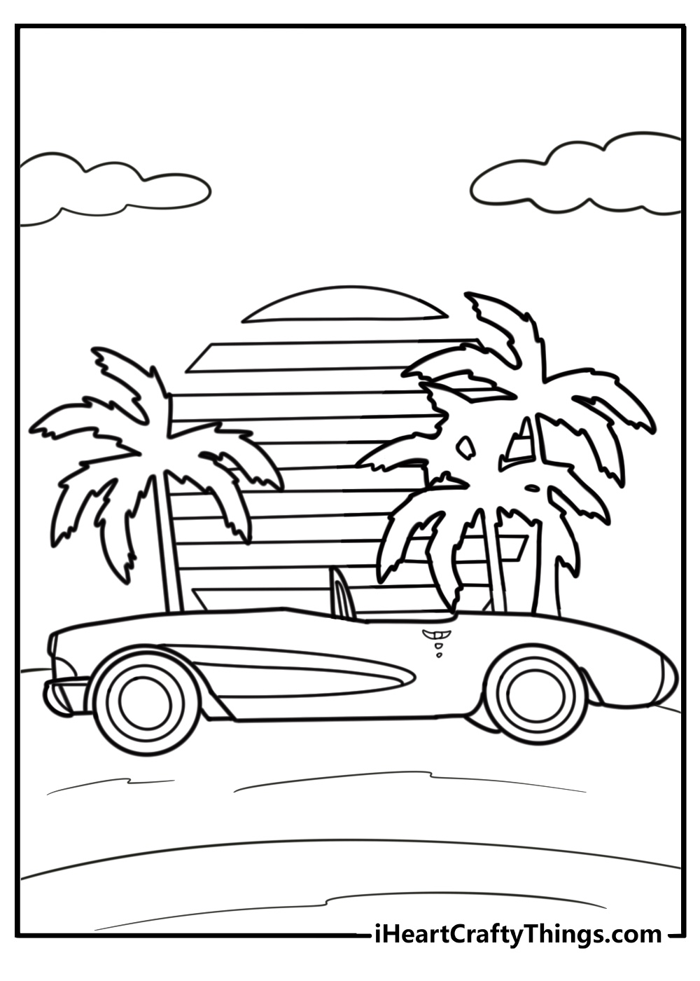 Corvette next to a palm tree on the beach coloring page