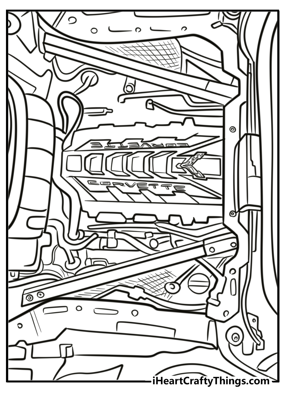 Corvette with an open hood showing the engine free printable page