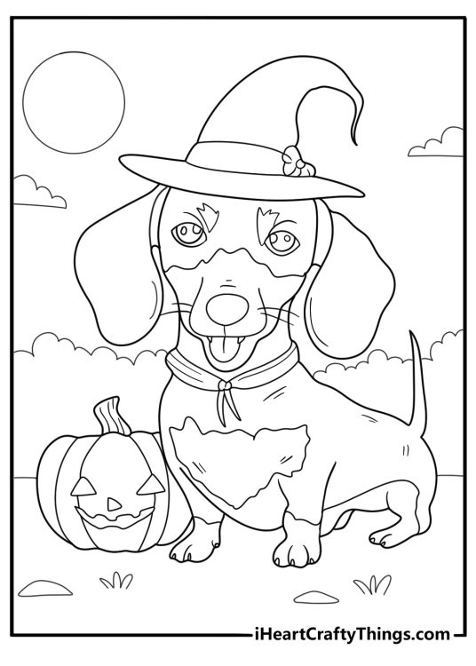 dachshund in a halloween costume cartoon coloring page