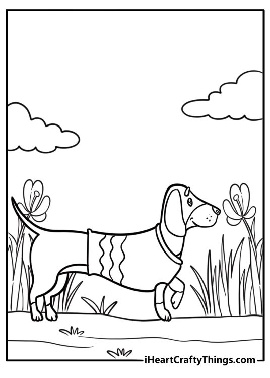Dachshund sniffing flowers in the yard coloring sheet