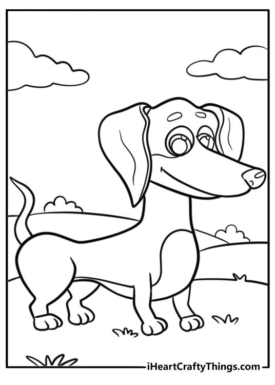 Dachshund standing proudly on a hill coloring sheet