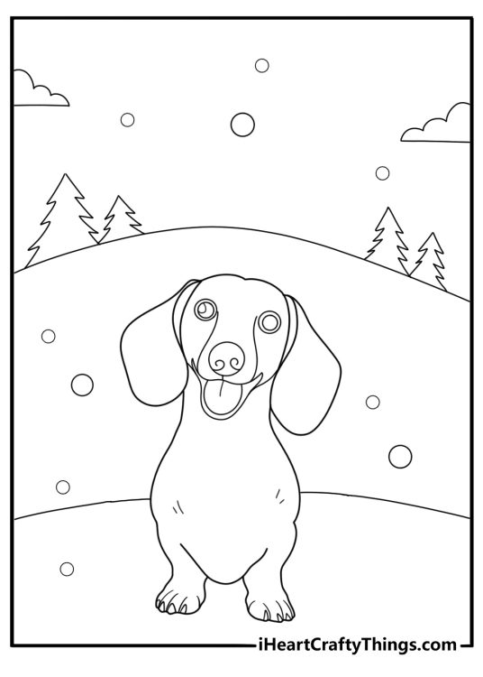 dachshund walking in the snow winter coloring page for kids