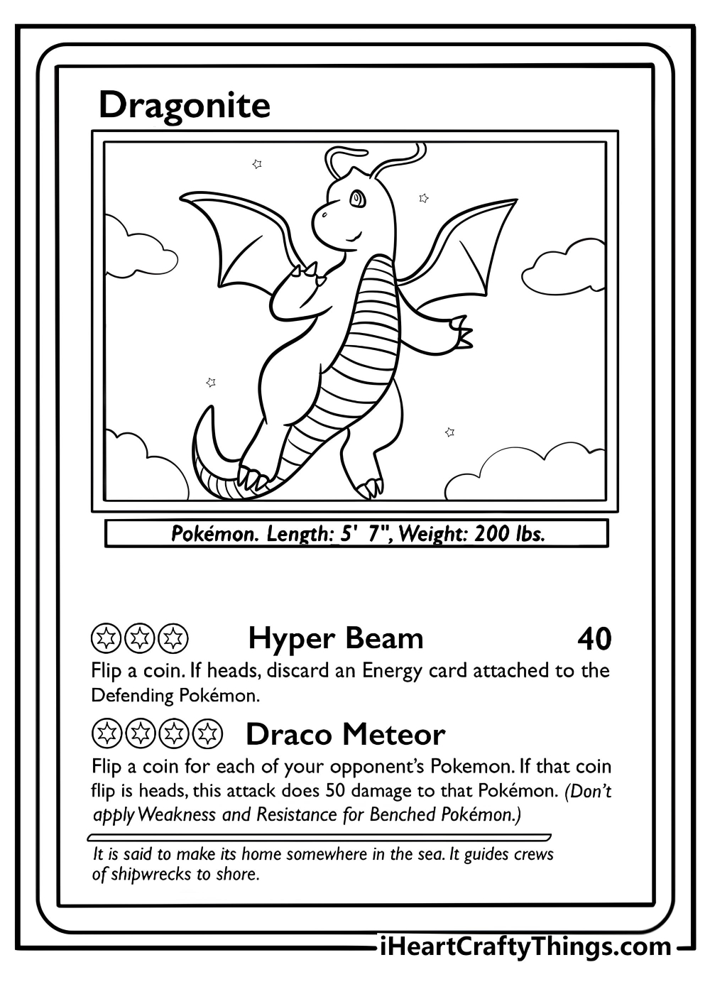 Dragonite pokemon card in a flying action pose printable sheet