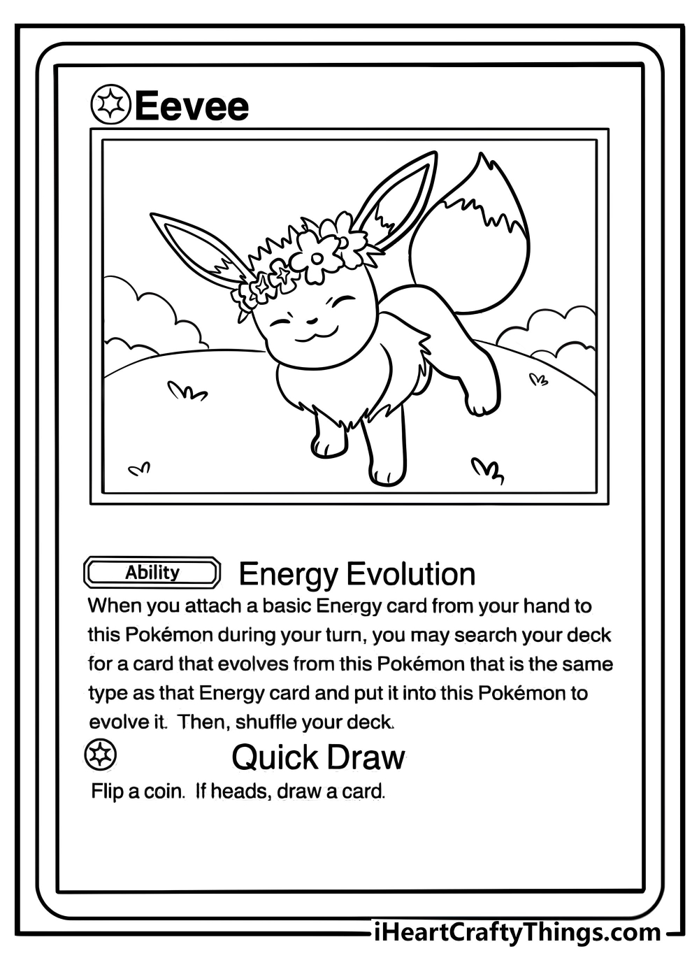 Eevee pokemon card in a playful stance printable coloring sheet