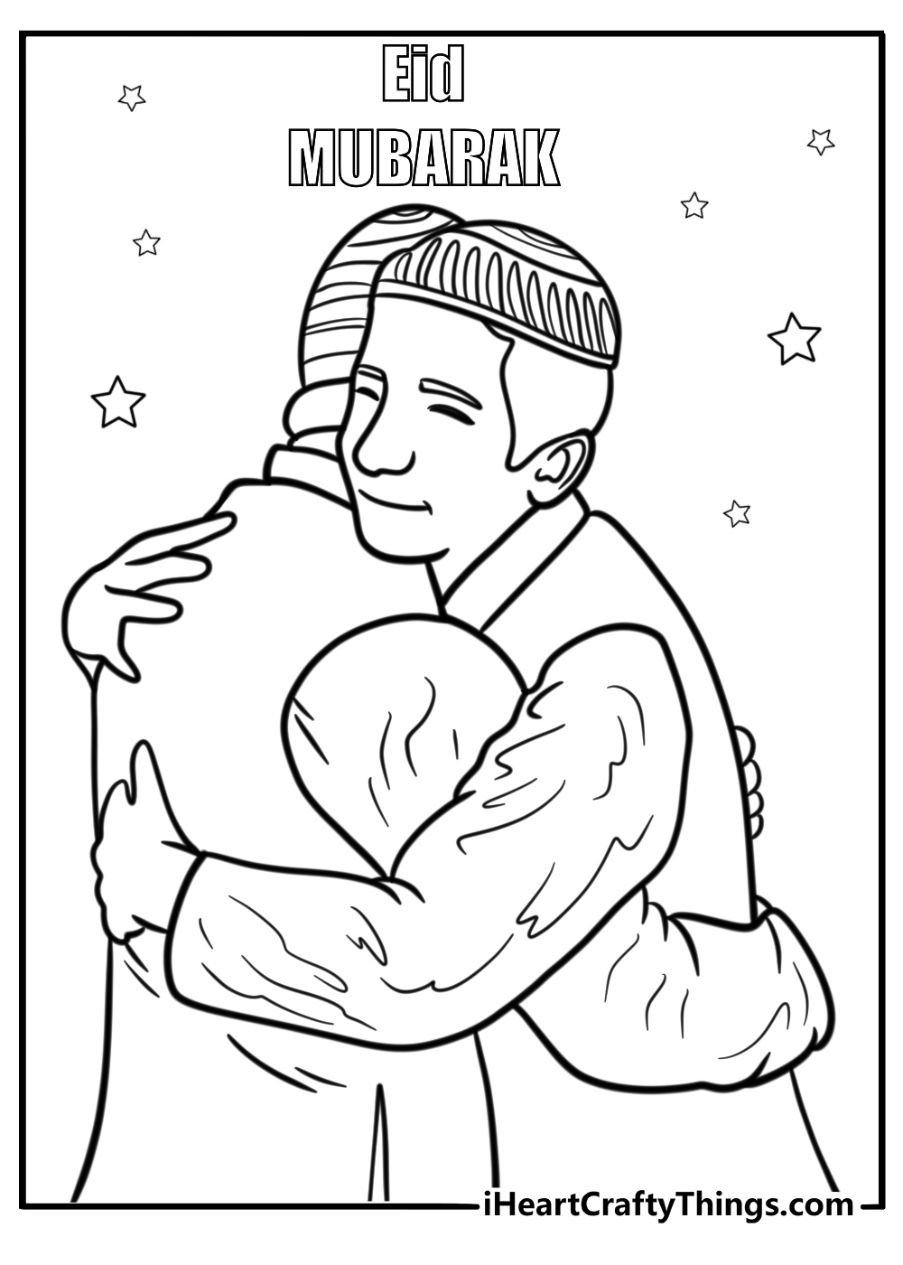 Eid celebration with people hugging and greeting coloring page