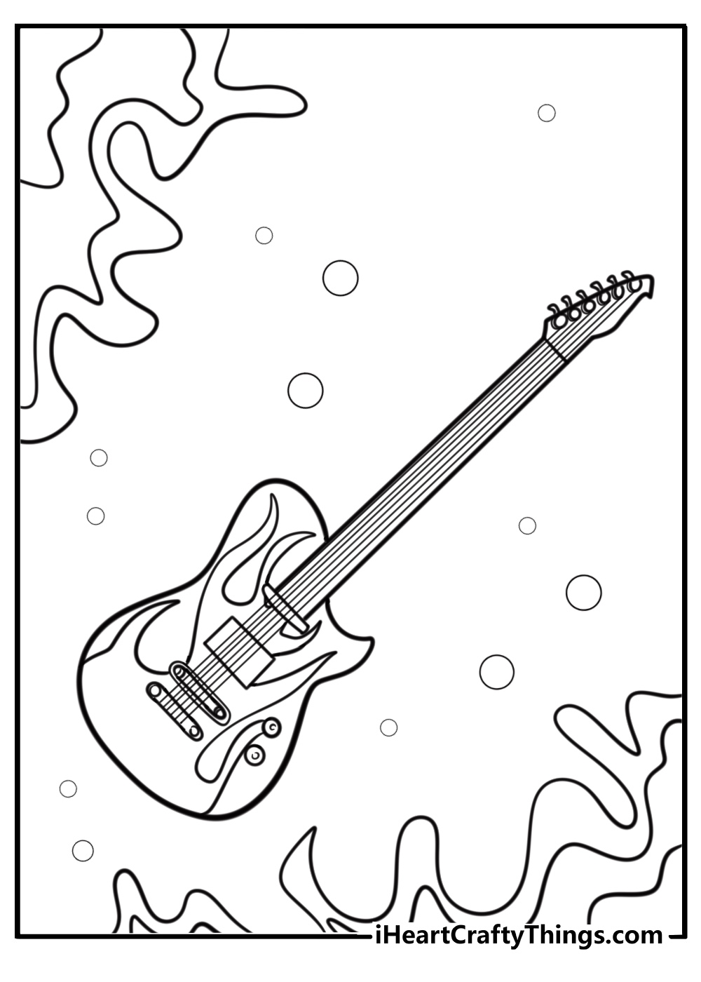 Electric guitar with flames design fun coloring sheet