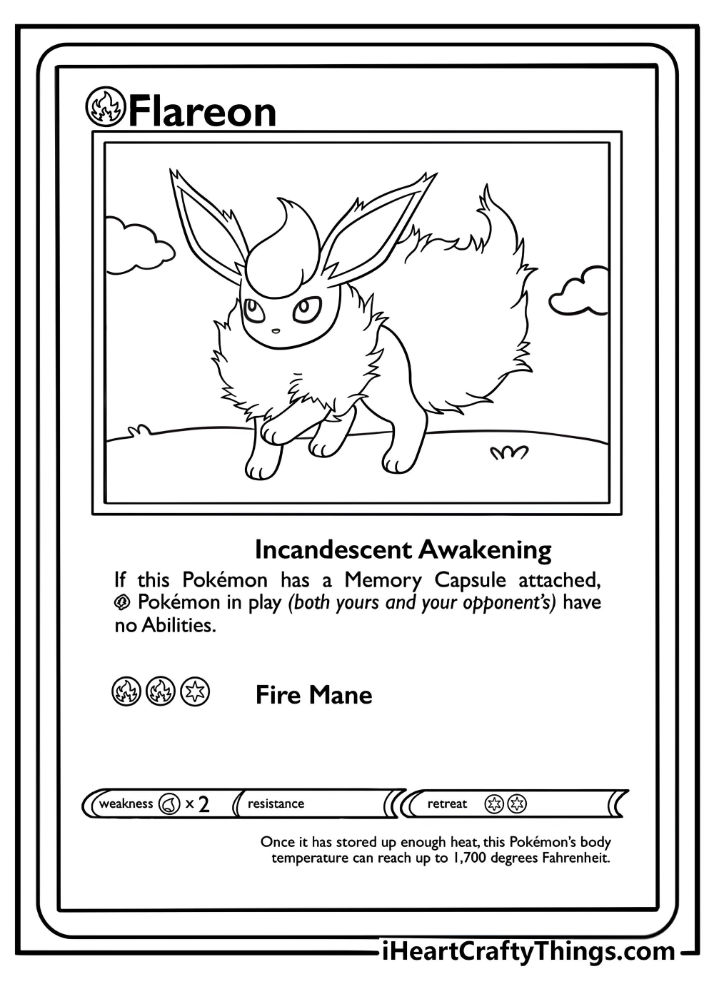 Flareon pokemon card surrounded by fire printable page