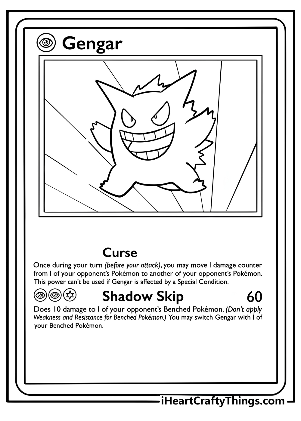 Gengar pokemon card with a spooky grin coloring page