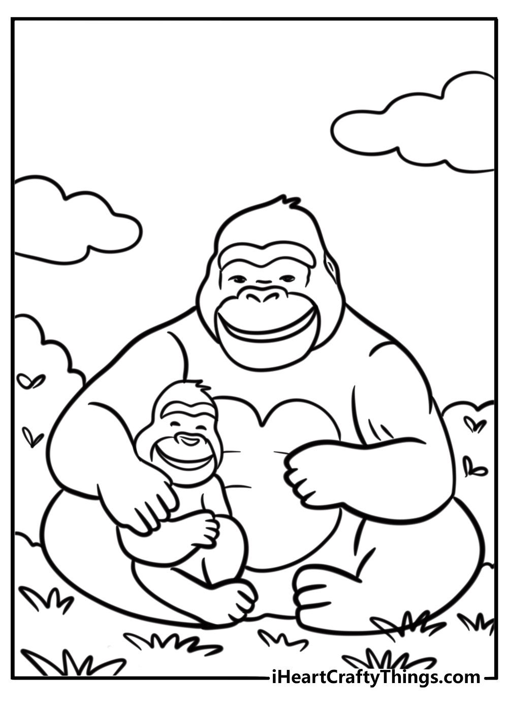 Gorilla and baby sitting together detailed coloring page