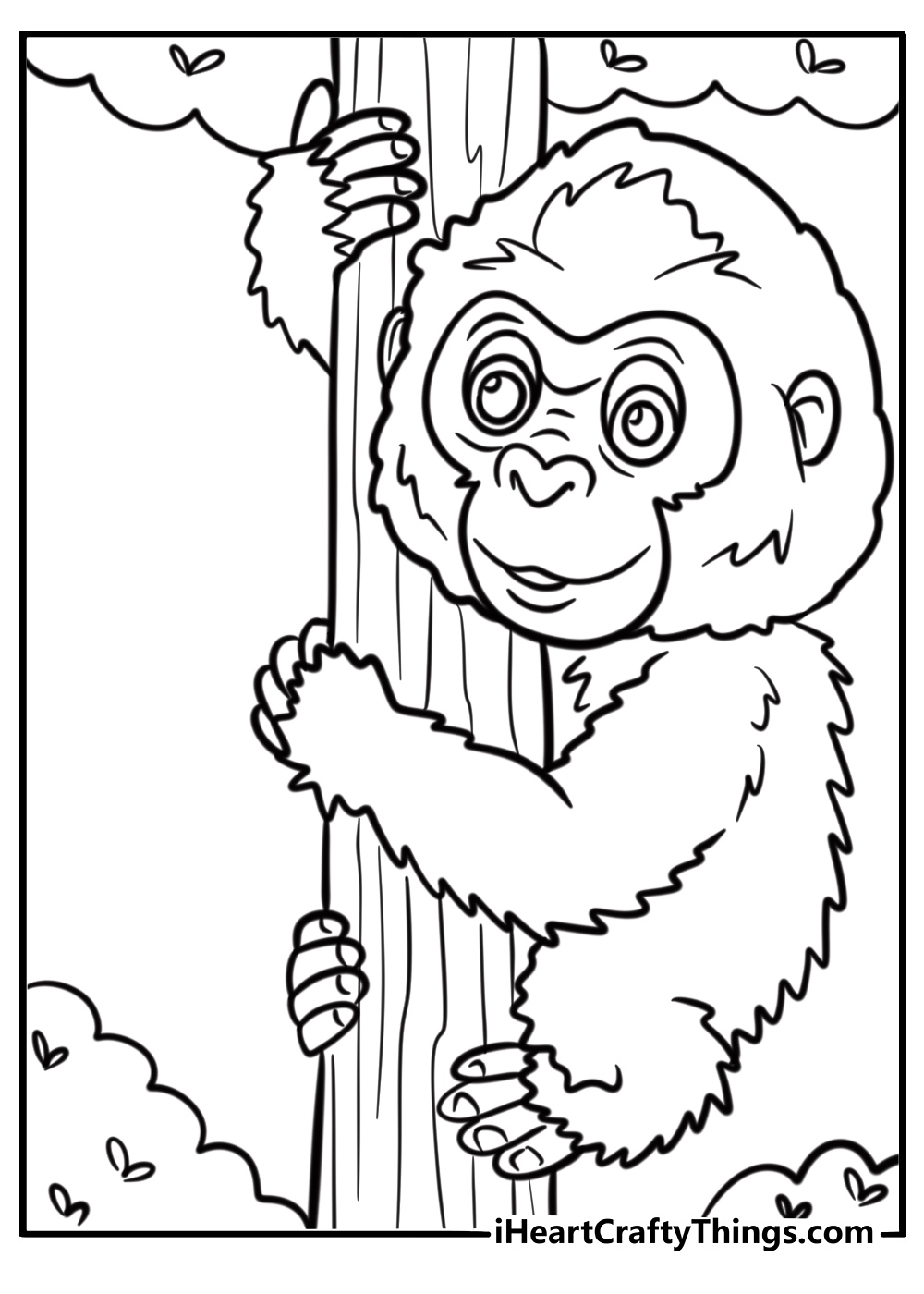 Gorilla climbing a tree fun printable coloring sheet