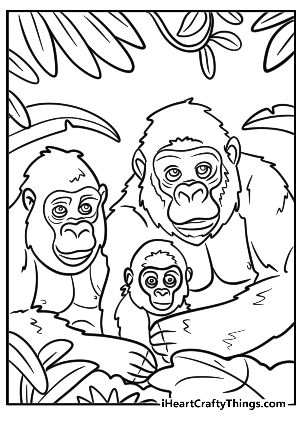 Gorilla family in the forest coloring page