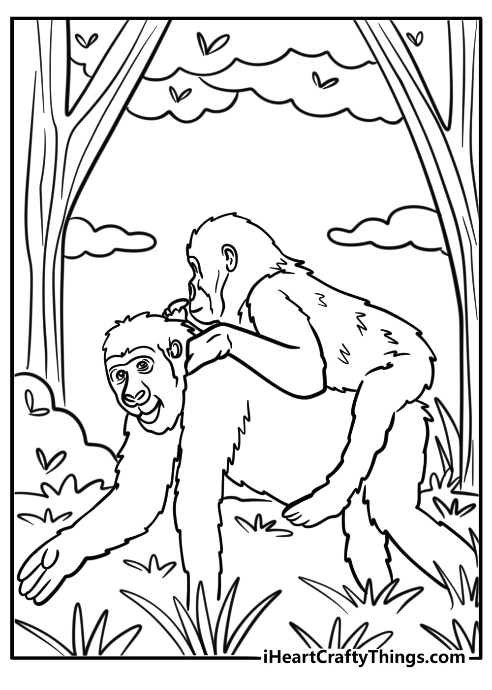 Gorilla family walking through the forest coloring page