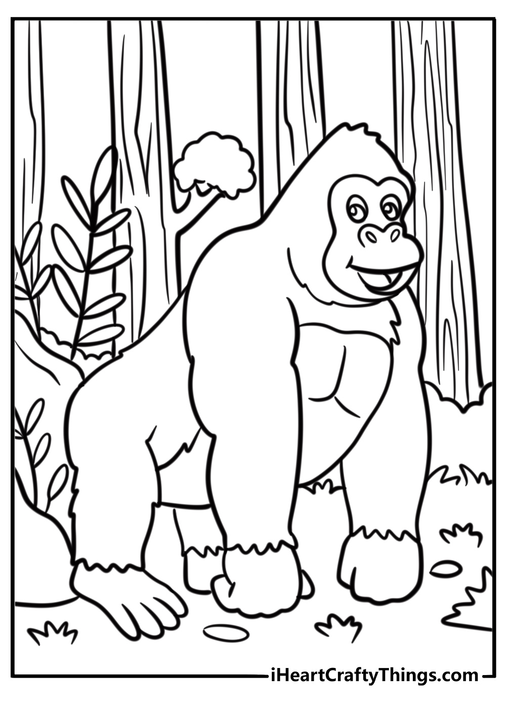 Gorilla in a rainforest with lush trees coloring sheet