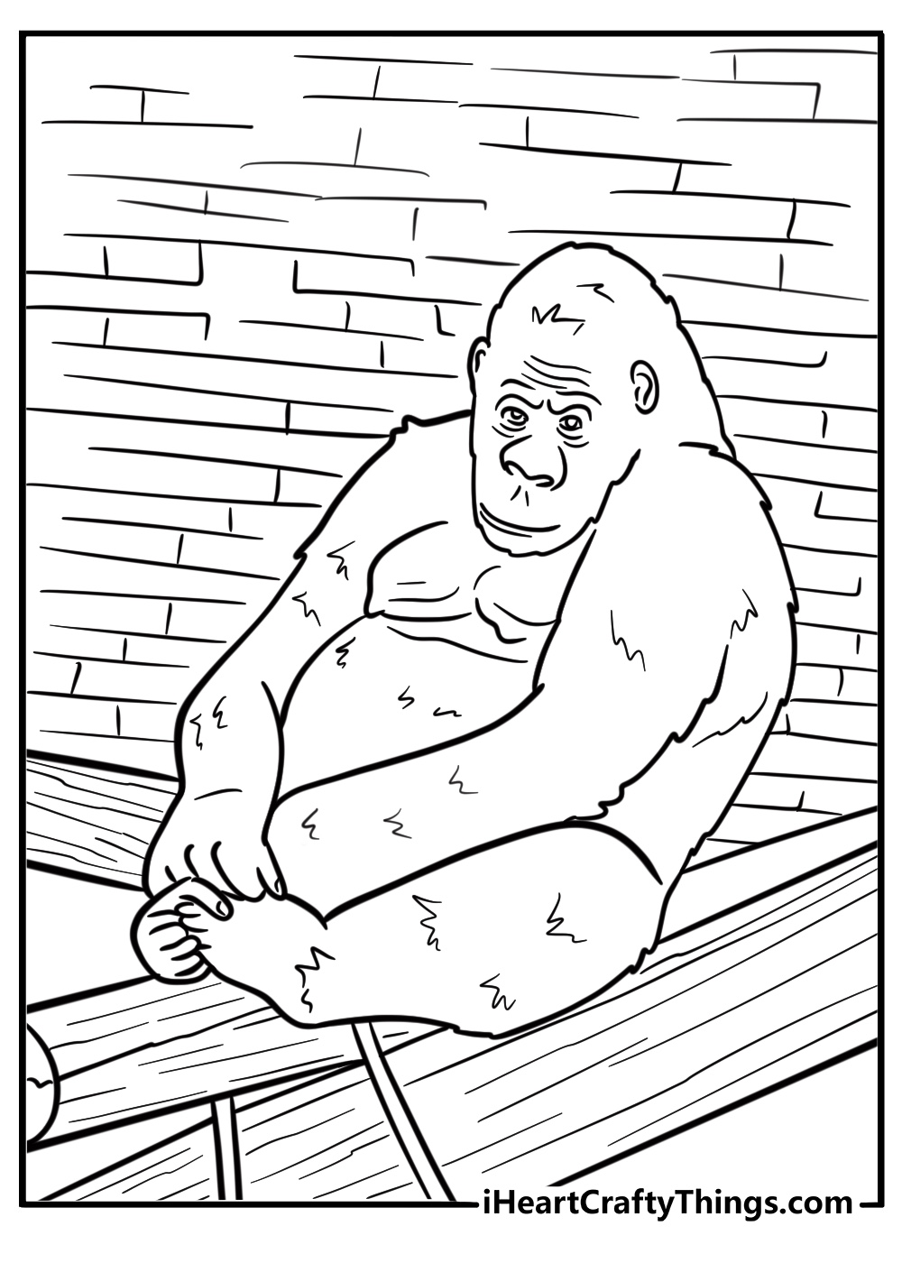 Gorilla in a zoo habitat detailed coloring sheet