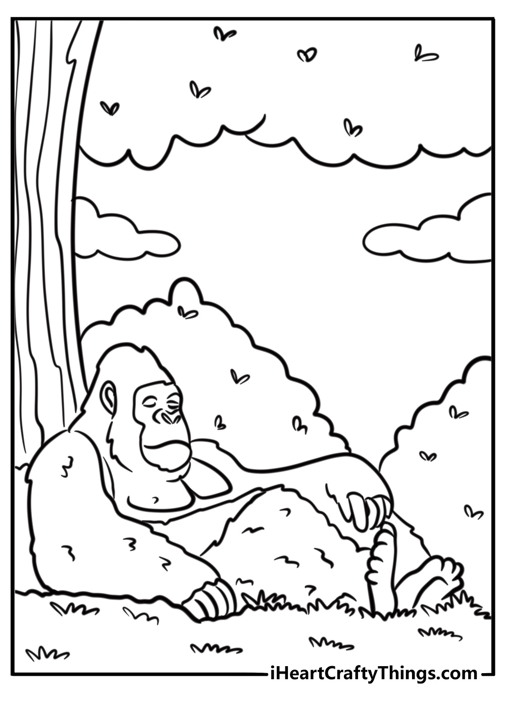 Gorilla relaxing under a tree coloring page